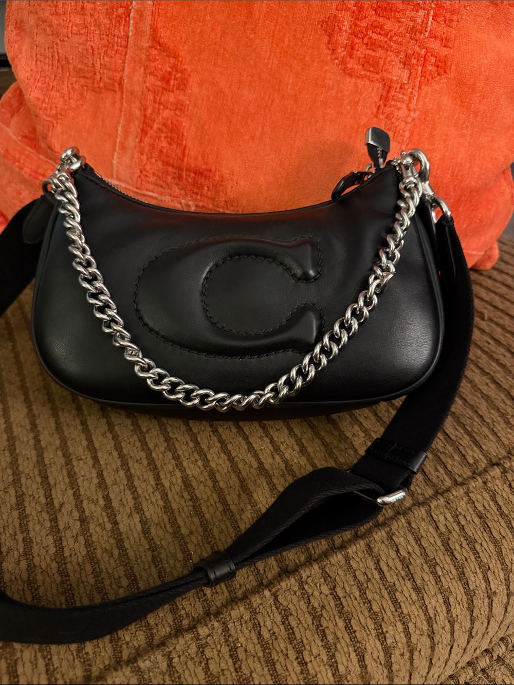 Coach Black Leather Shoulder Bag with Silver Chain